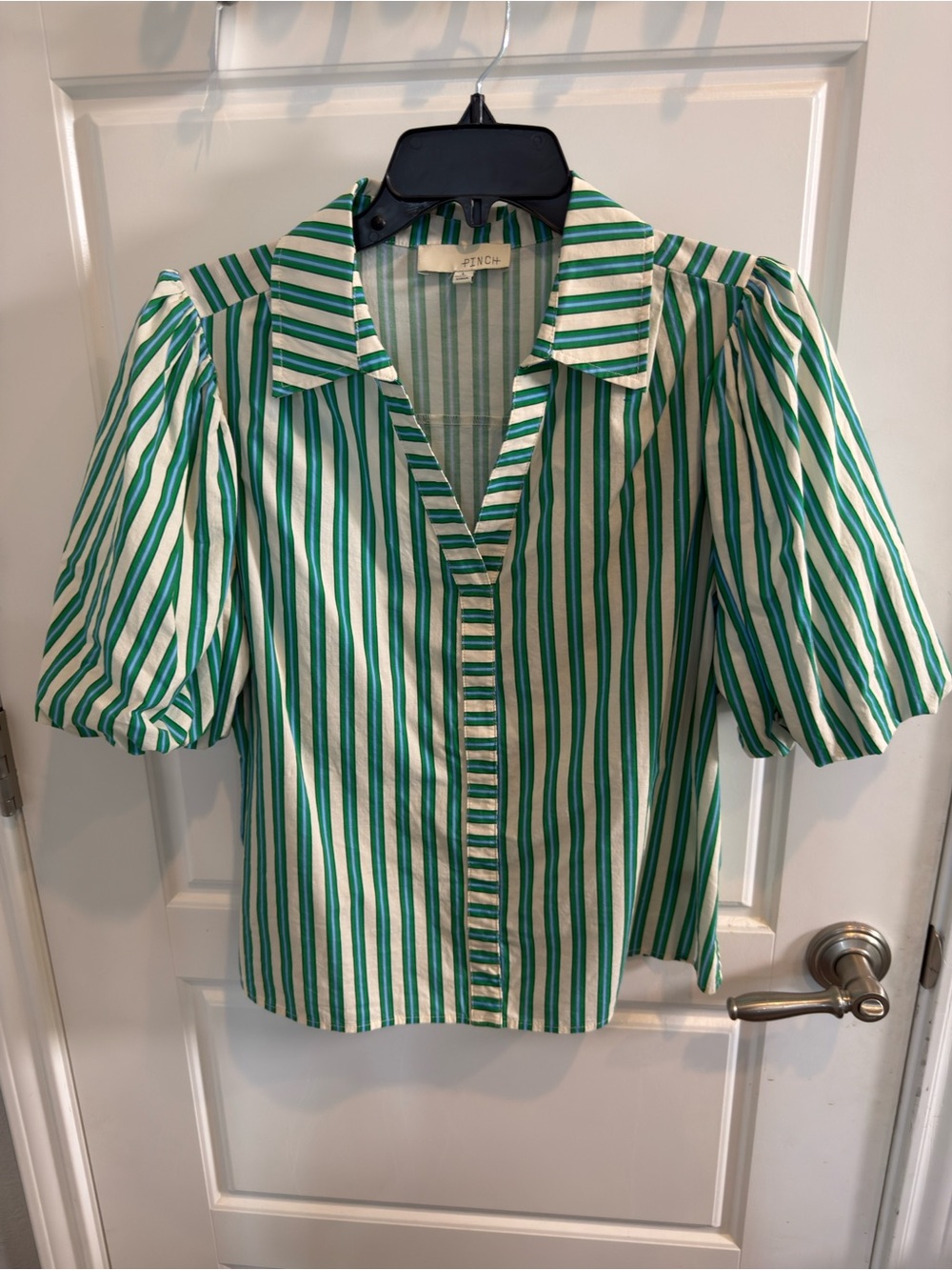 Pinch Green and White Striped Puff Sleeve Button-Down